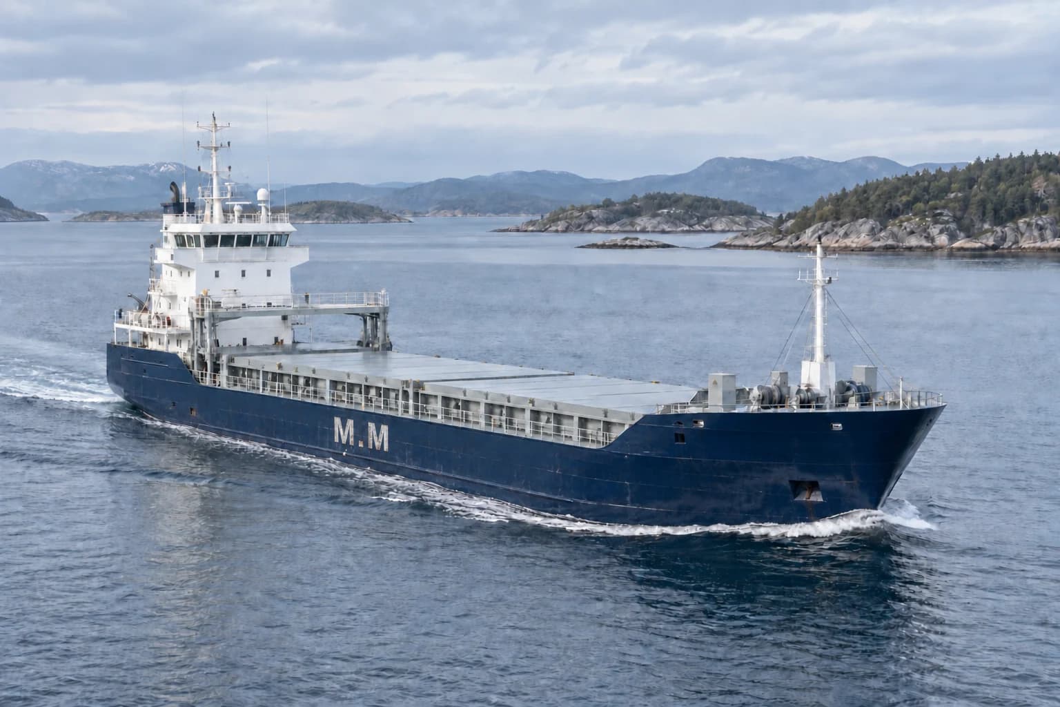 AI-generated illustration of a cargo ship with weathered M.M hull markings on calm blue coastal waters