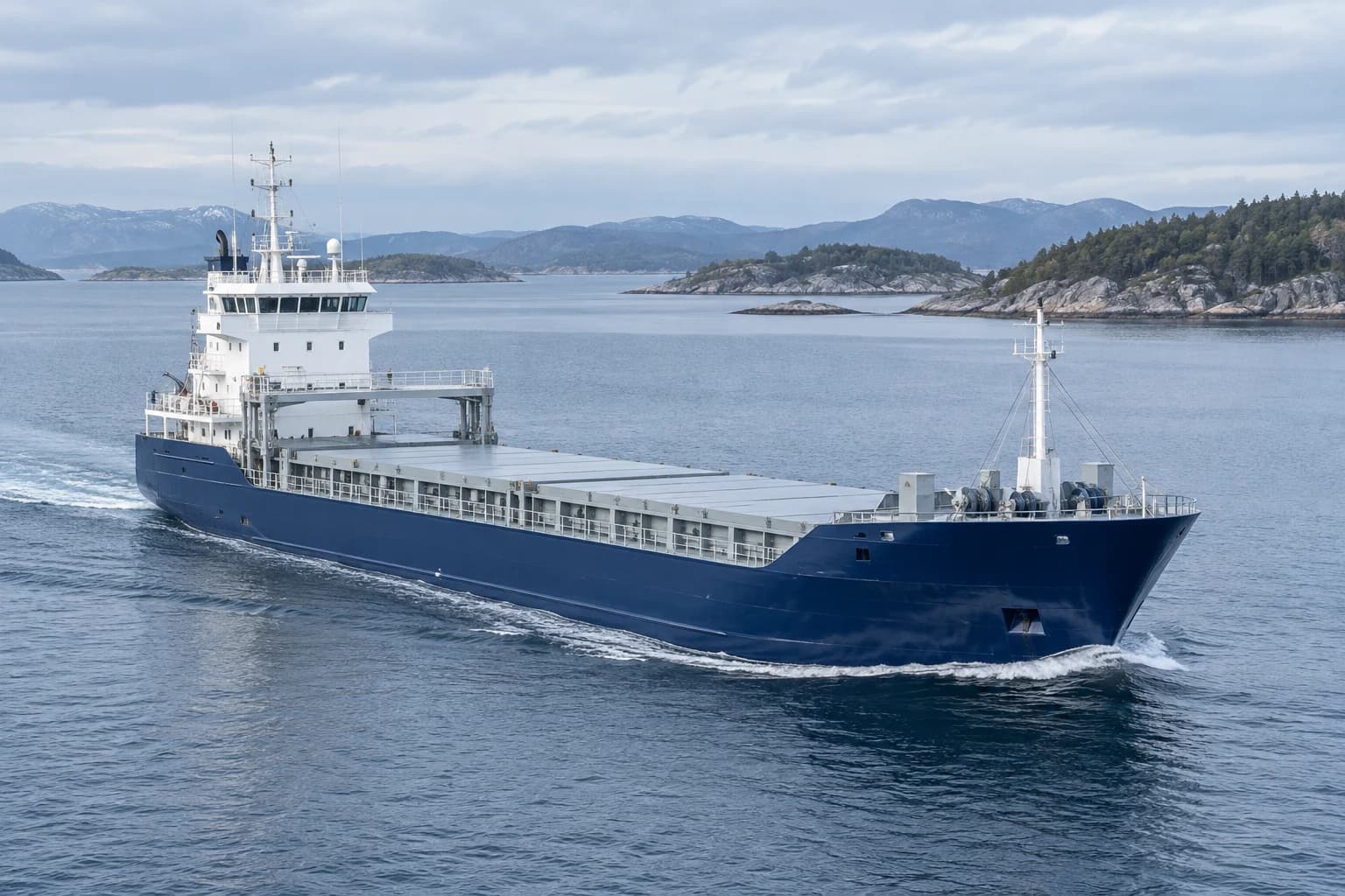 AI-generated illustration of an unbranded cargo ship on calm blue coastal waters